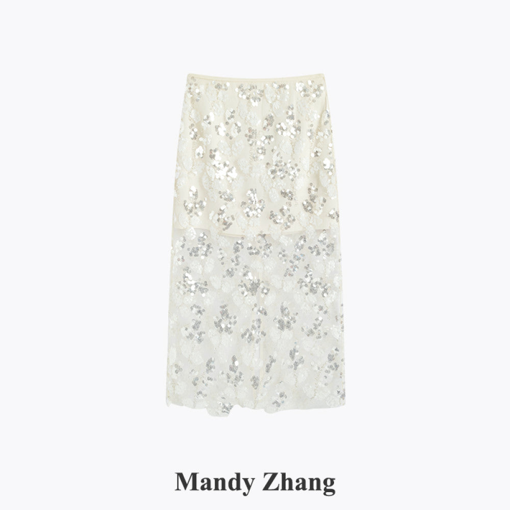 MandyZhang s high end black lace sequin mesh skirt with women s mesh hollow out long skirt that wraps around the buttocks image 21