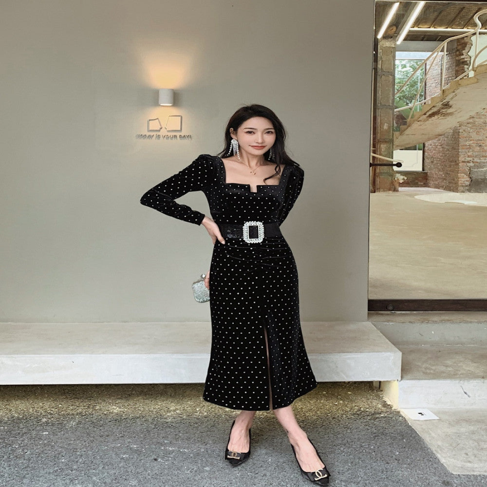 Zhang Yuqi Yang Chaoyue the same sexy gold velvet polka dot hot diamond temperament retro long sleeved black long dress image 2