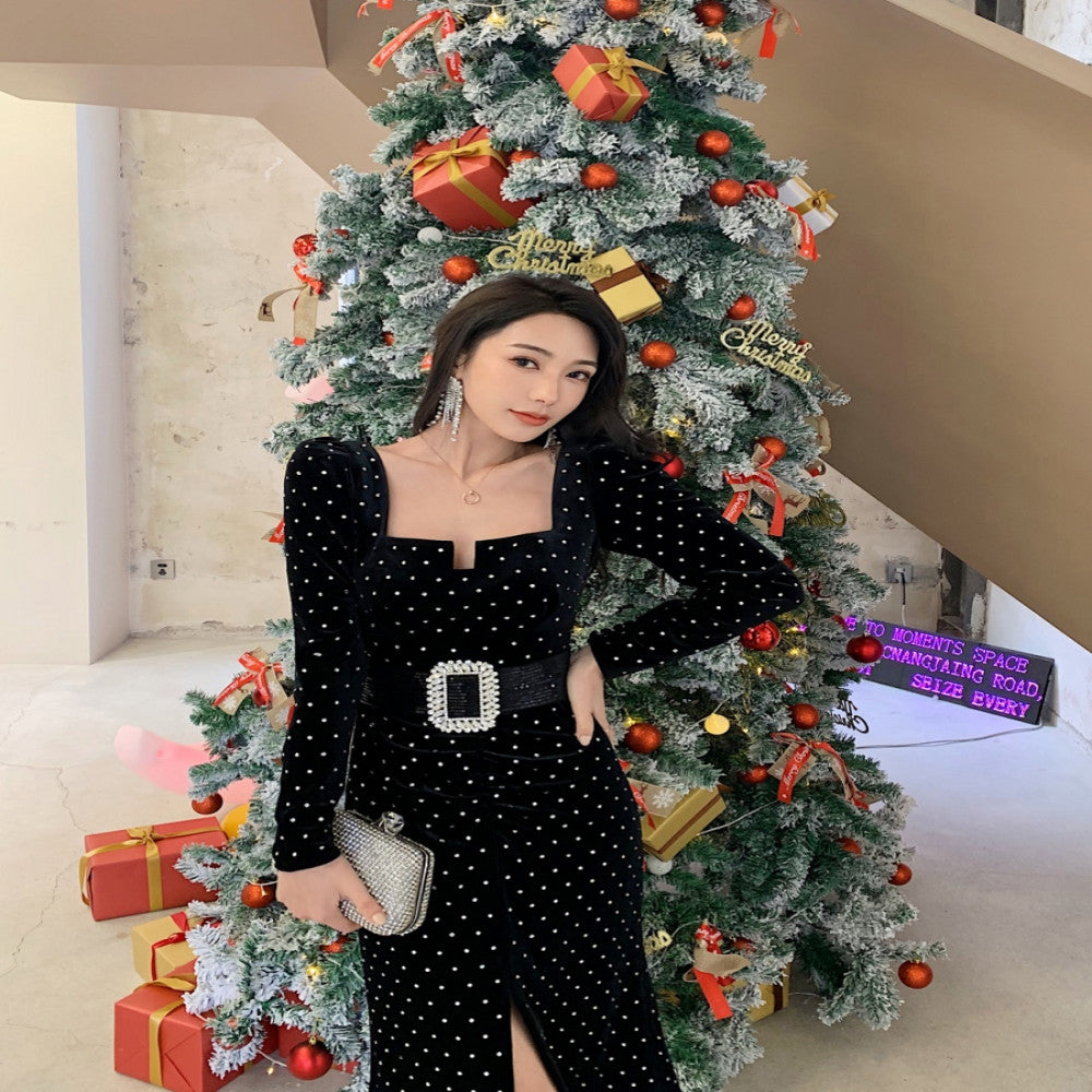 Zhang Yuqi Yang Chaoyue the same sexy gold velvet polka dot hot diamond temperament retro long sleeved black long dress image 3