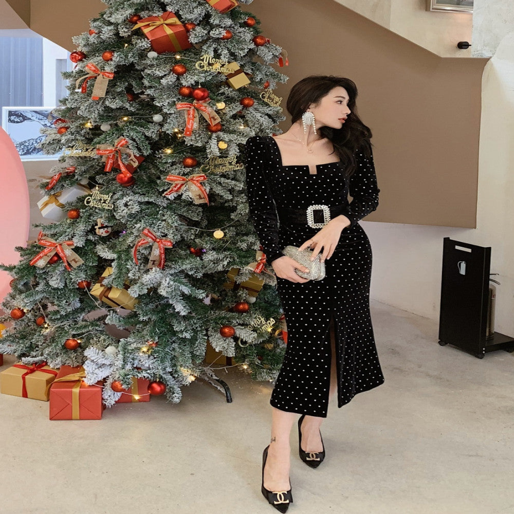 Zhang Yuqi Yang Chaoyue the same sexy gold velvet polka dot hot diamond temperament retro long sleeved black long dress image 4