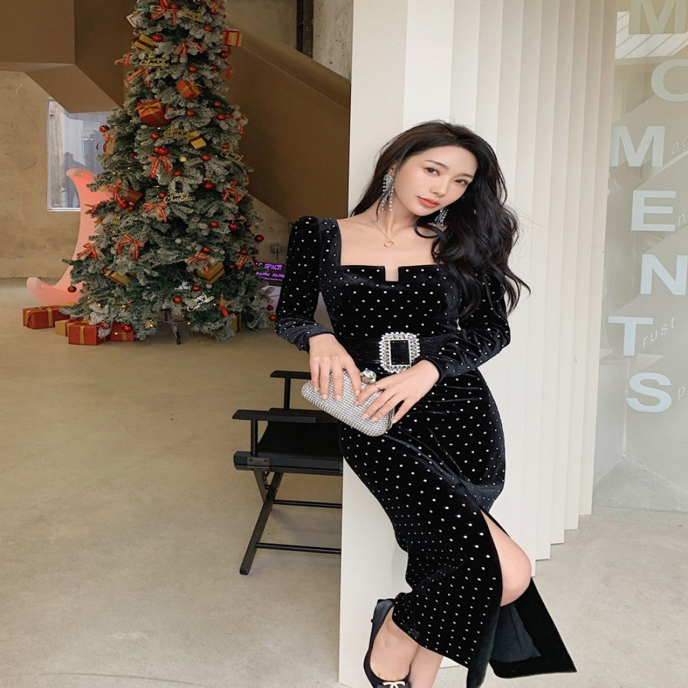 Zhang Yuqi Yang Chaoyue the same sexy gold velvet polka dot hot diamond temperament retro long sleeved black long dress image 5