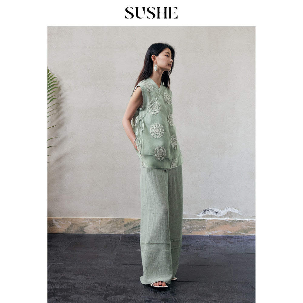 SUSHE Qingju Oriental Yaji Embroidered Tie strap Slant collar Top Hollow Lace Wide leg Pants Suit Women image 2