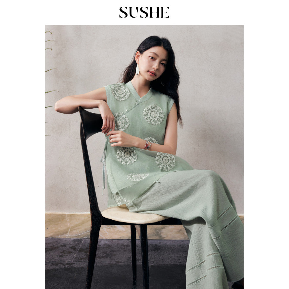 SUSHE Qingju Oriental Yaji Embroidered Tie strap Slant collar Top Hollow Lace Wide leg Pants Suit Women image 3