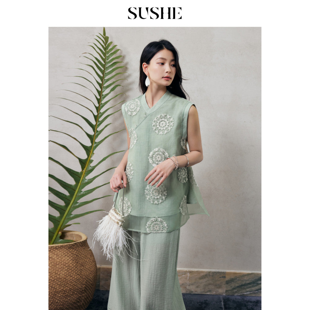 SUSHE Qingju Oriental Yaji Embroidered Tie strap Slant collar Top Hollow Lace Wide leg Pants Suit Women image 4