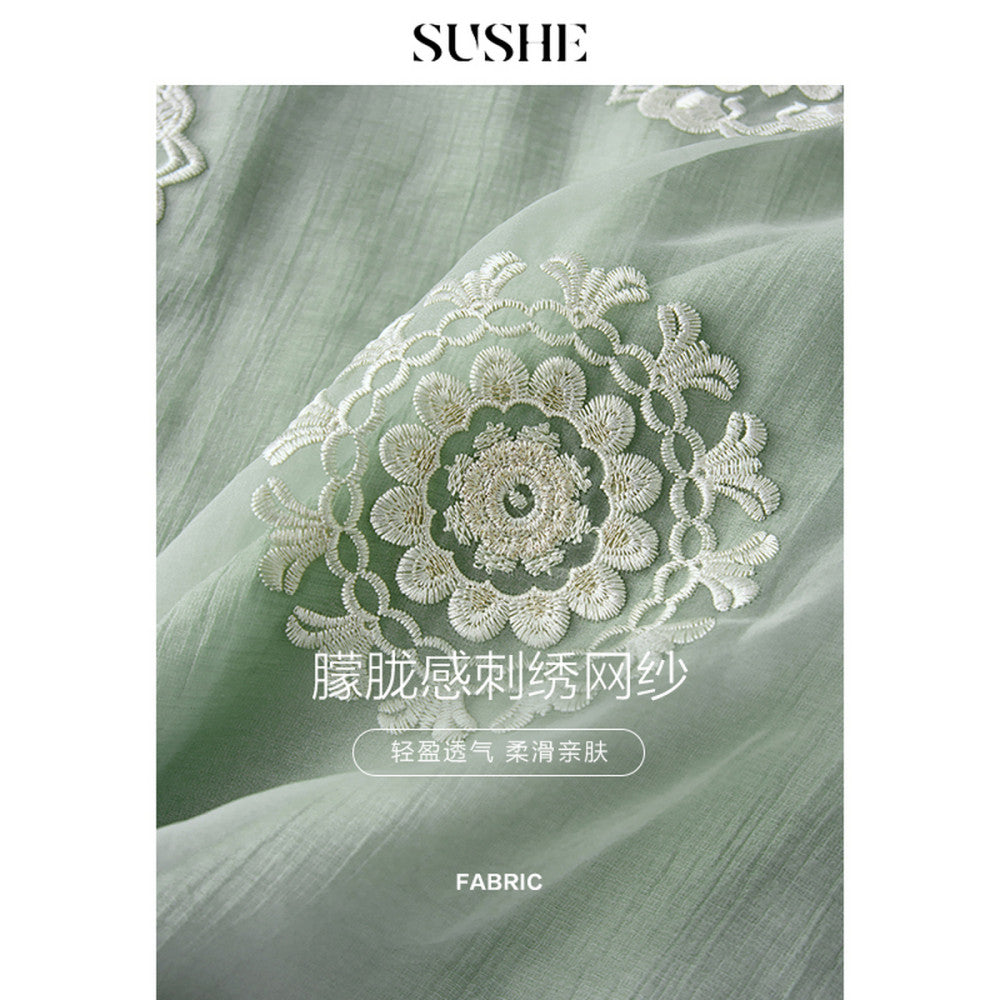 SUSHE Qingju Oriental Yaji Embroidered Tie strap Slant collar Top Hollow Lace Wide leg Pants Suit Women image 5