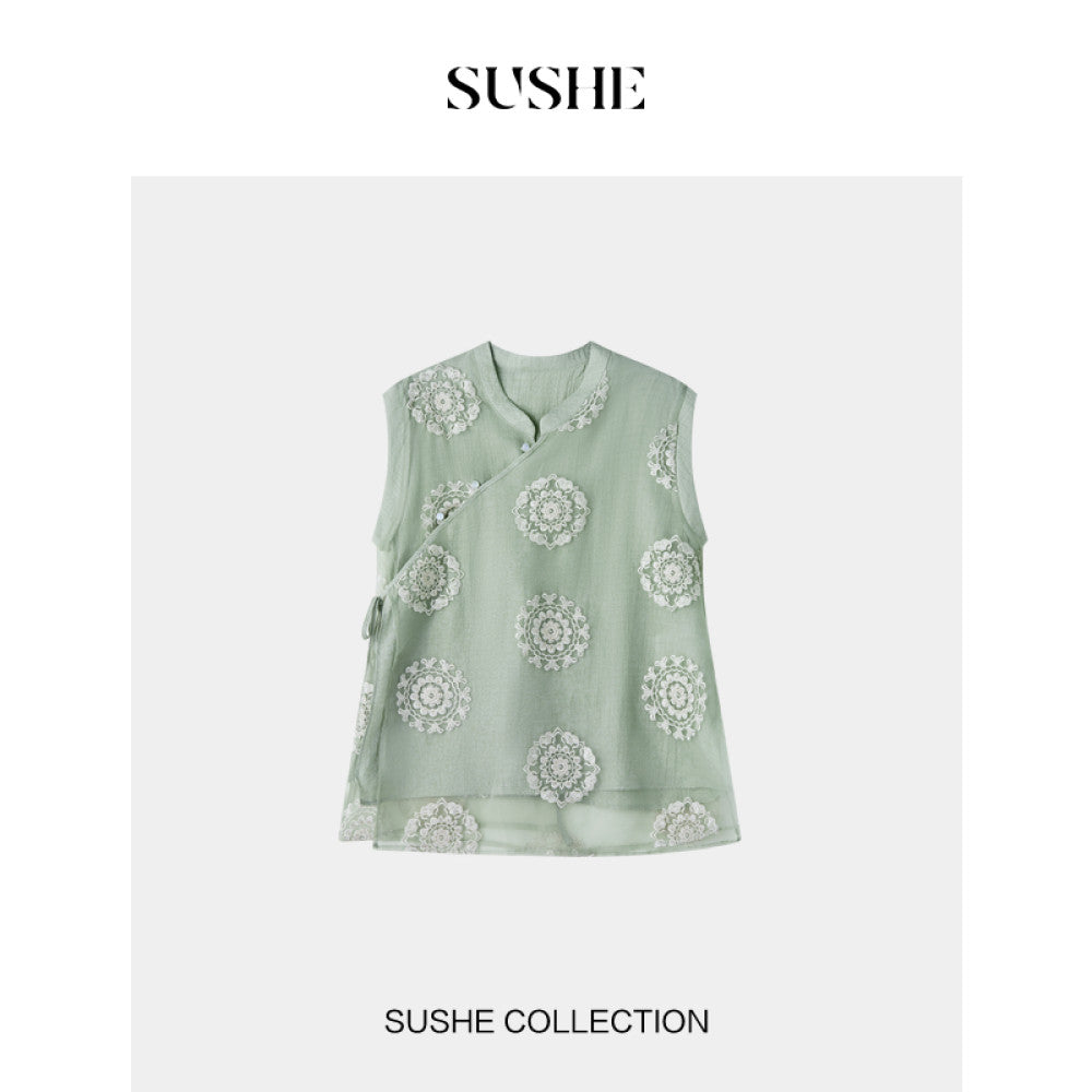SUSHE Qingju Oriental Yaji Embroidered Tie strap Slant collar Top Hollow Lace Wide leg Pants Suit Women image 8