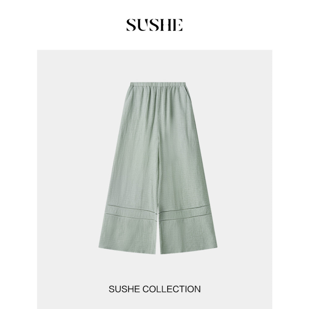 SUSHE Qingju Oriental Yaji Embroidered Tie strap Slant collar Top Hollow Lace Wide leg Pants Suit Women image 12