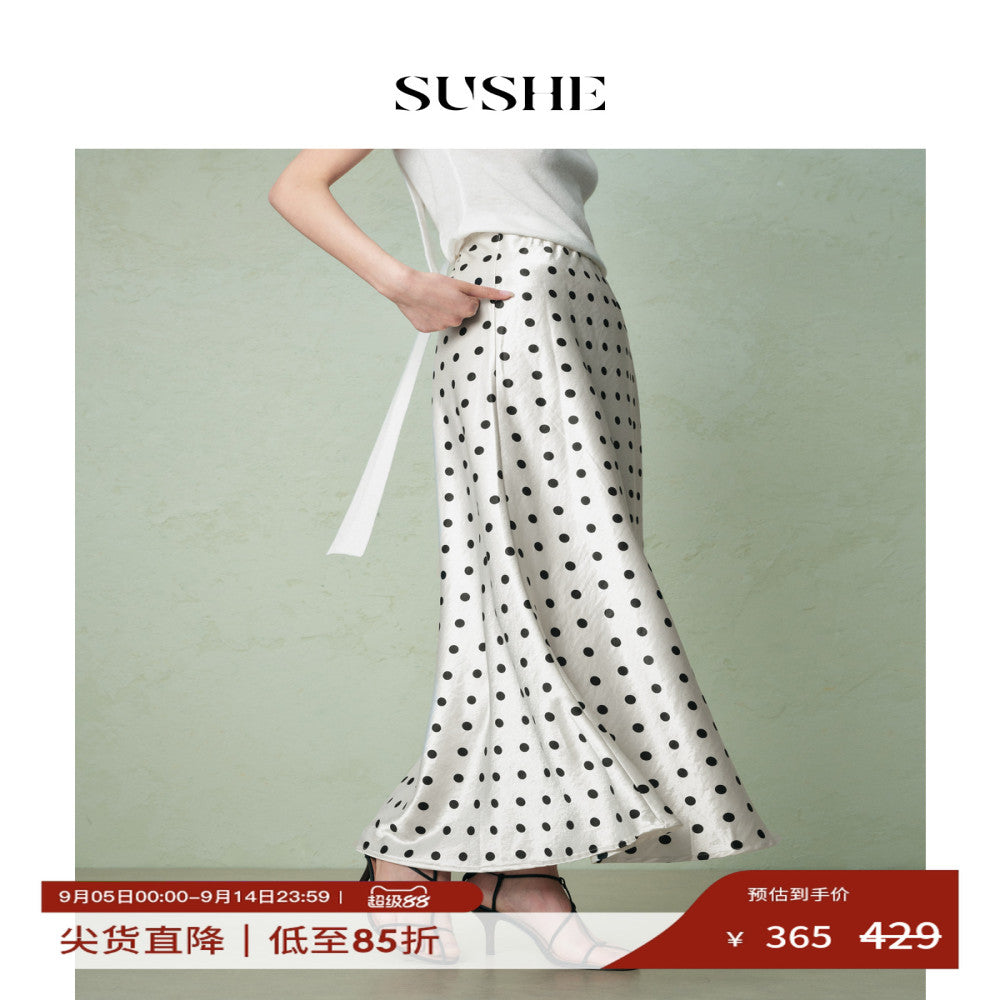 Shuxi SUSHE monsoon retro style flowing satin design new wave dot long A line skirt for women autumn image 0