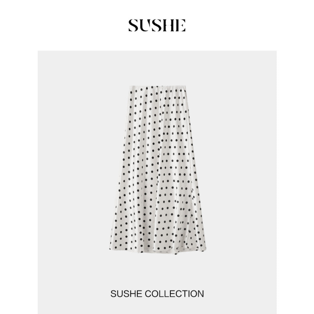 Shuxi SUSHE monsoon retro style flowing satin design new wave dot long A line skirt for women autumn image 8