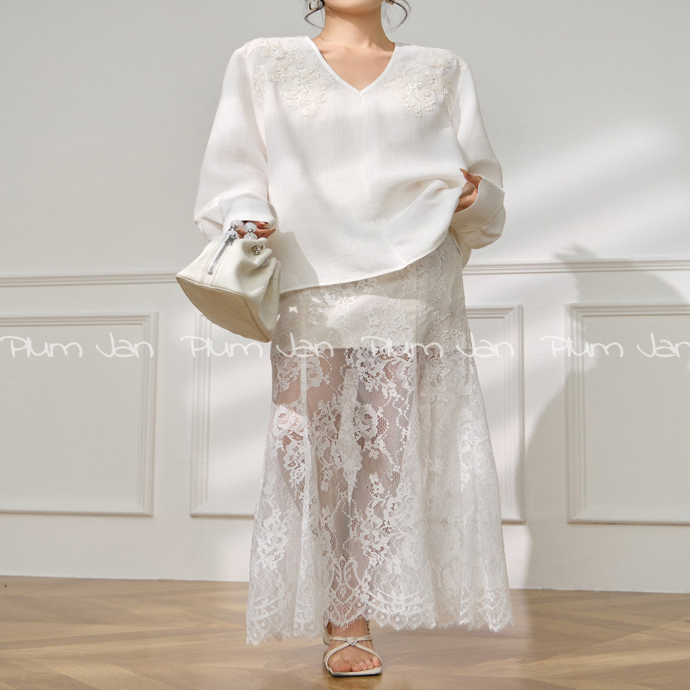 Plum Jan New Chinese style simple and fashionable V neck embroidered shirt collar decoration loose long sleeved top for women in autumn image 5