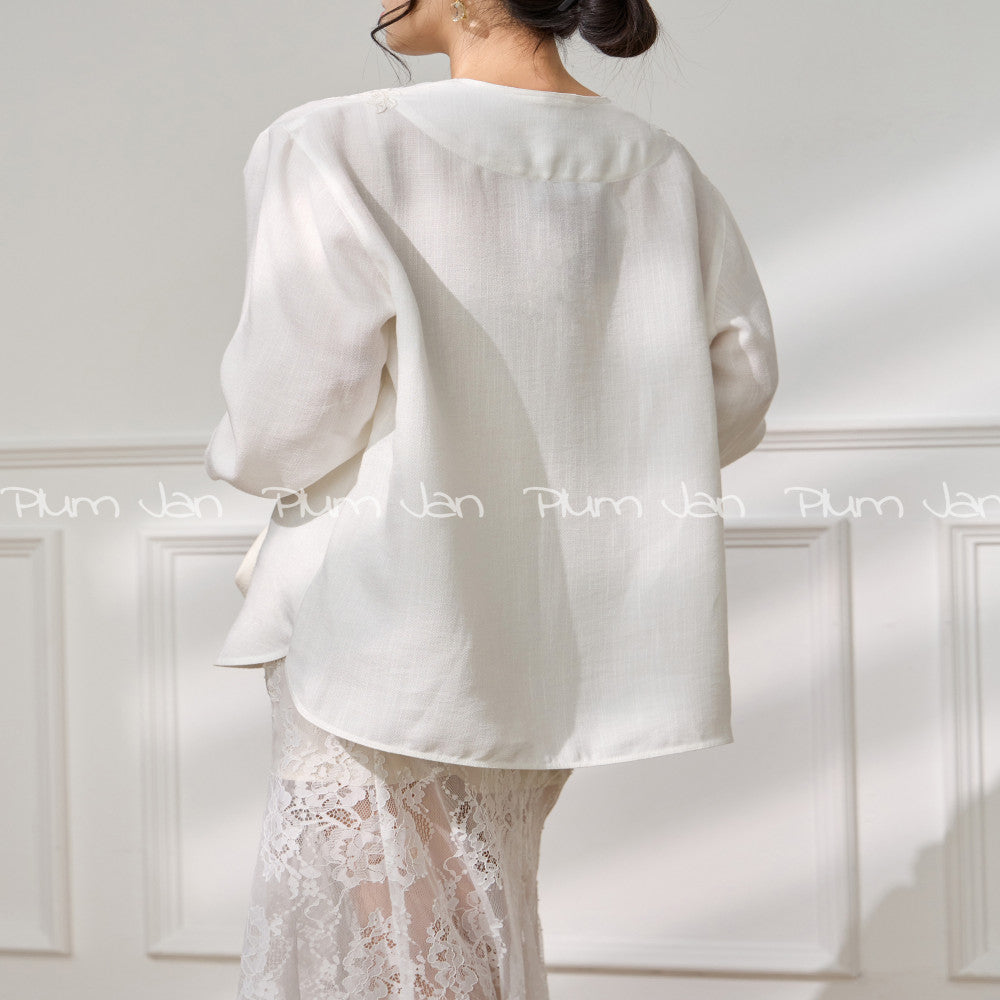 Plum Jan New Chinese style simple and fashionable V neck embroidered shirt collar decoration loose long sleeved top for women in autumn image 6