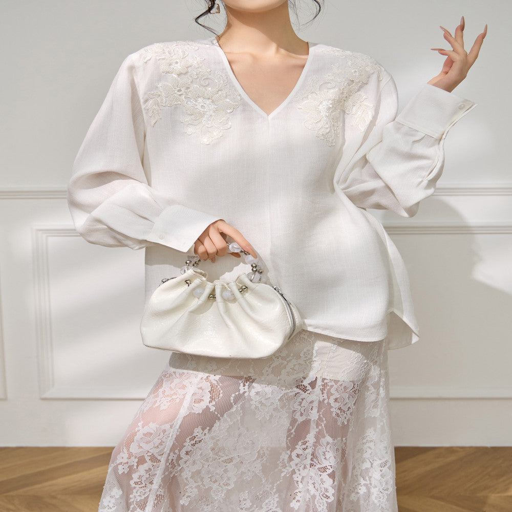 Plum Jan New Chinese style simple and fashionable V neck embroidered shirt collar decoration loose long sleeved top for women in autumn image 7