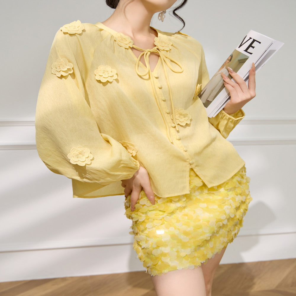 Plum Jan dopamine yellow flower shirt top with a unique and niche design super good looking and beautiful little shirt image 5