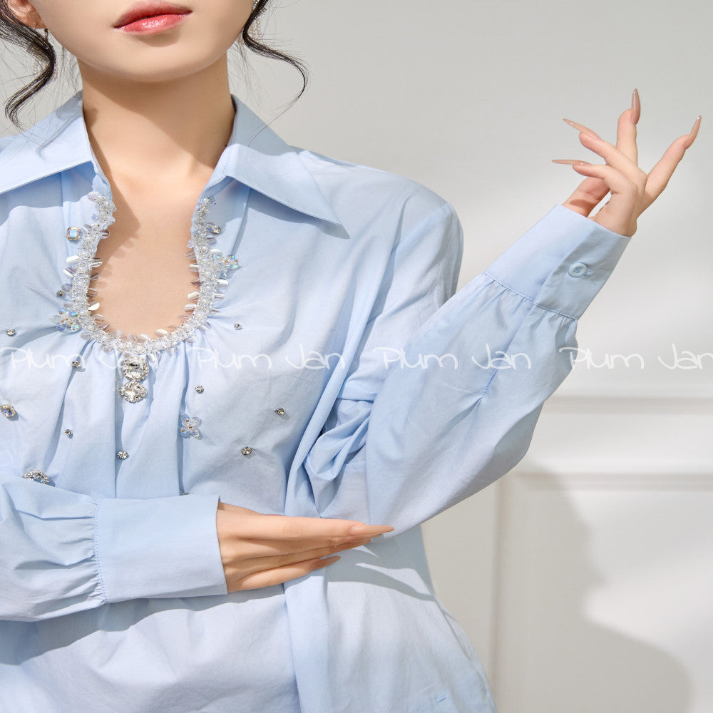 Plum Jan Summer Mint Green Wear Korean Fake Two Piece Nail Beaded Shirt Splicing Hundred Fold Age Reducing Dress image 2