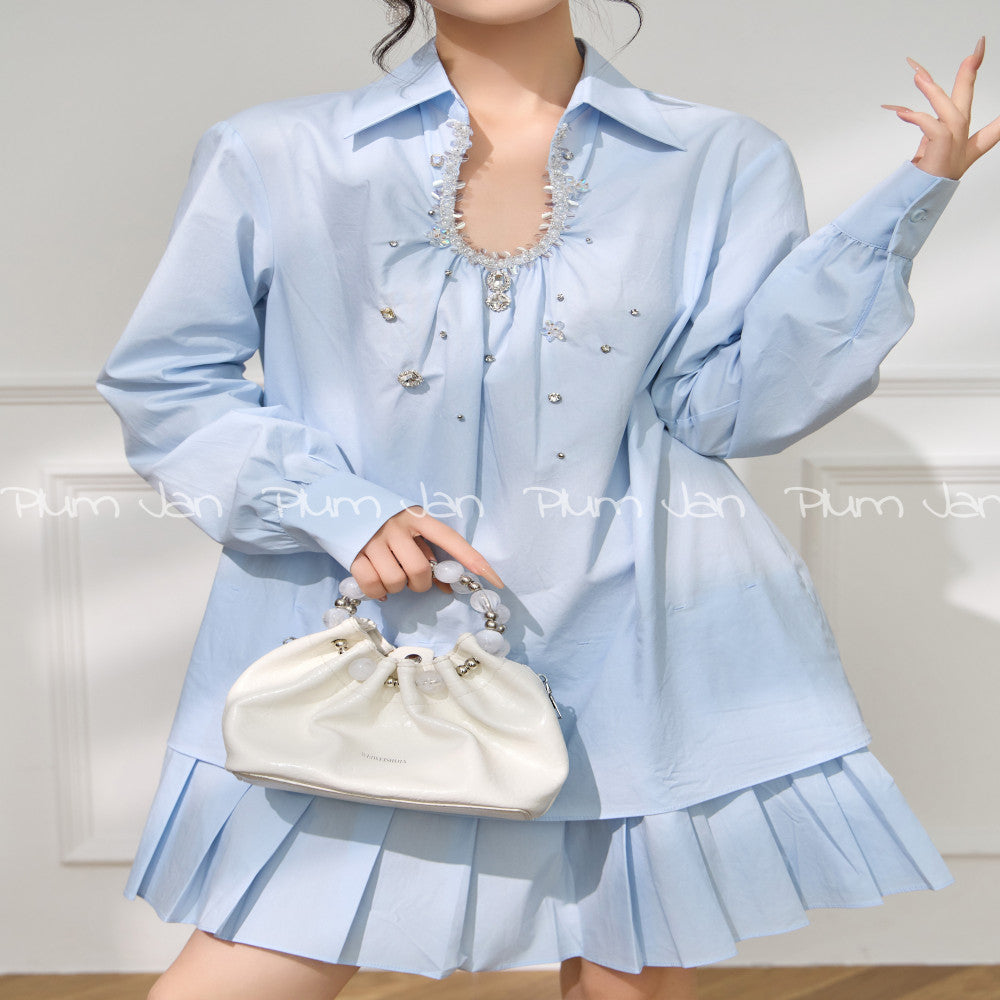 Plum Jan Summer Mint Green Wear Korean Fake Two Piece Nail Beaded Shirt Splicing Hundred Fold Age Reducing Dress image 3