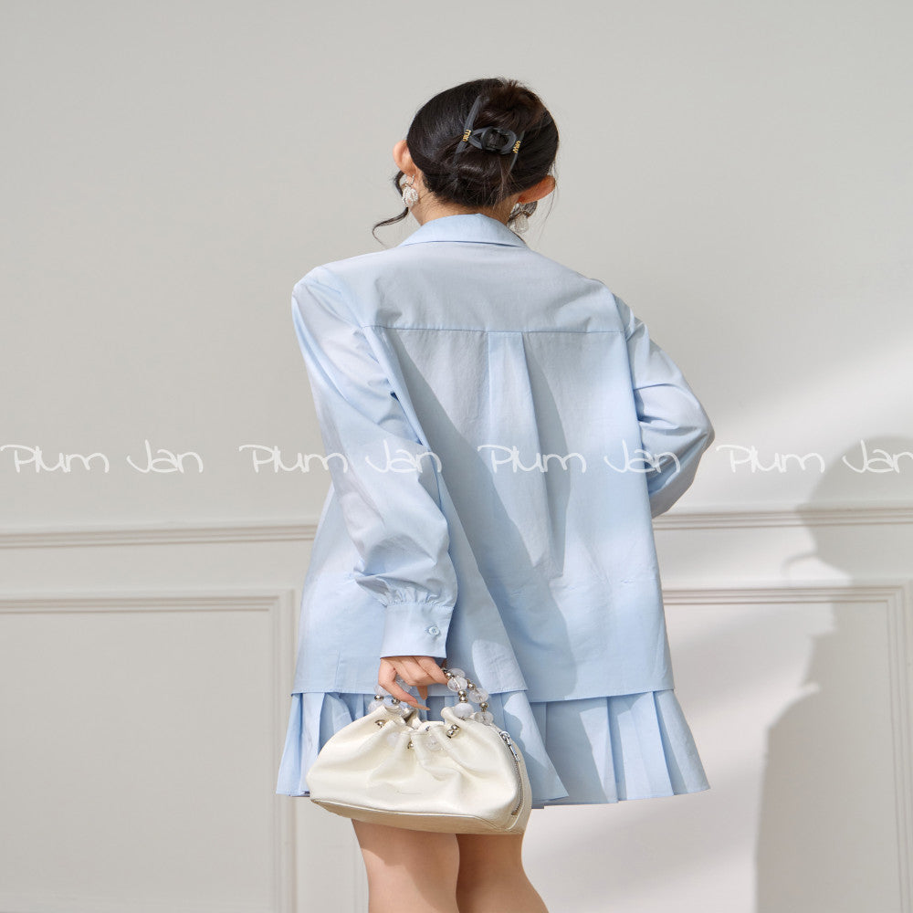 Plum Jan Summer Mint Green Wear Korean Fake Two Piece Nail Beaded Shirt Splicing Hundred Fold Age Reducing Dress image 4