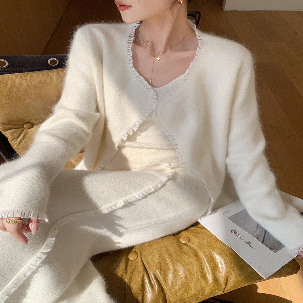 Customized white three piece set for dimples women s 2025 autumn new sleeveless vest top jacket high waisted skirt image 0