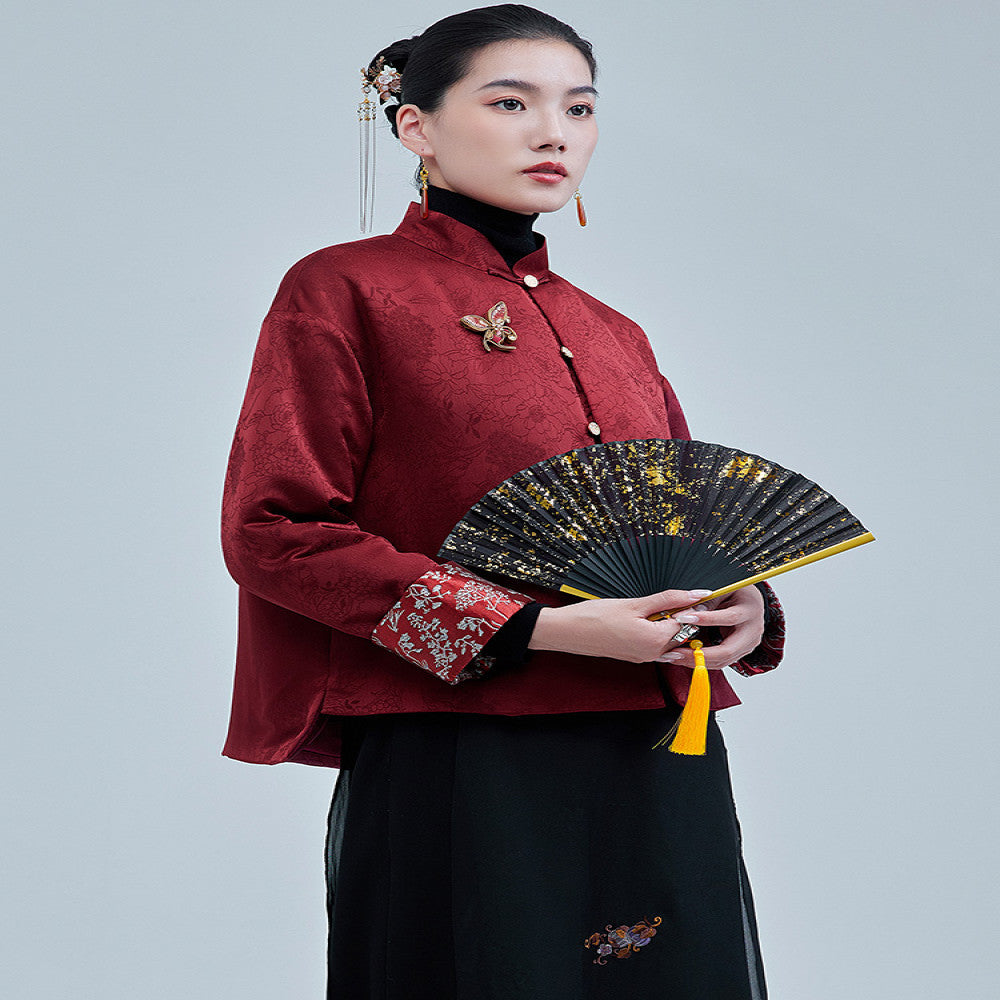 Moyu 2024 Autumn Winter New Chinese Style Retro Jacquard Segment Cotton Jacket New Chinese Red Tang Top Coat image 2