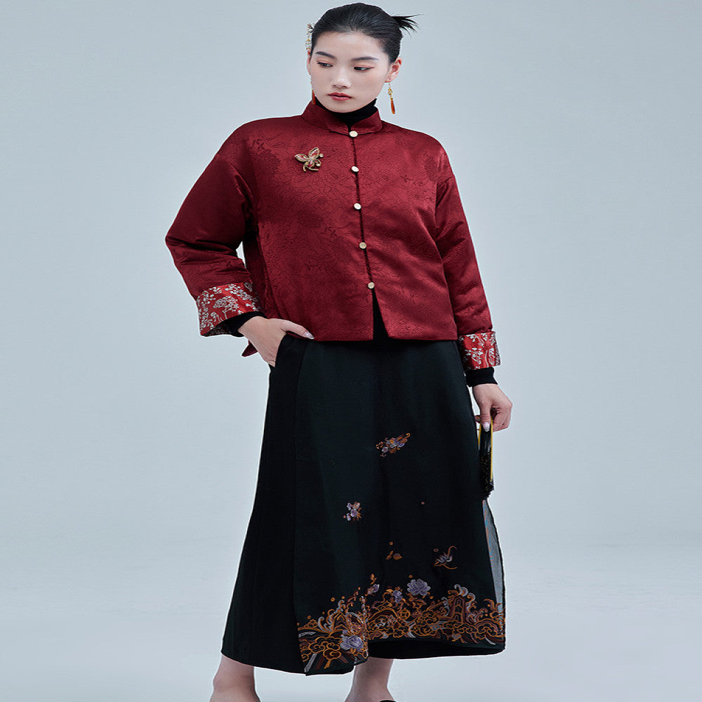 Moyu 2024 Autumn Winter New Chinese Style Retro Jacquard Segment Cotton Jacket New Chinese Red Tang Top Coat image 3