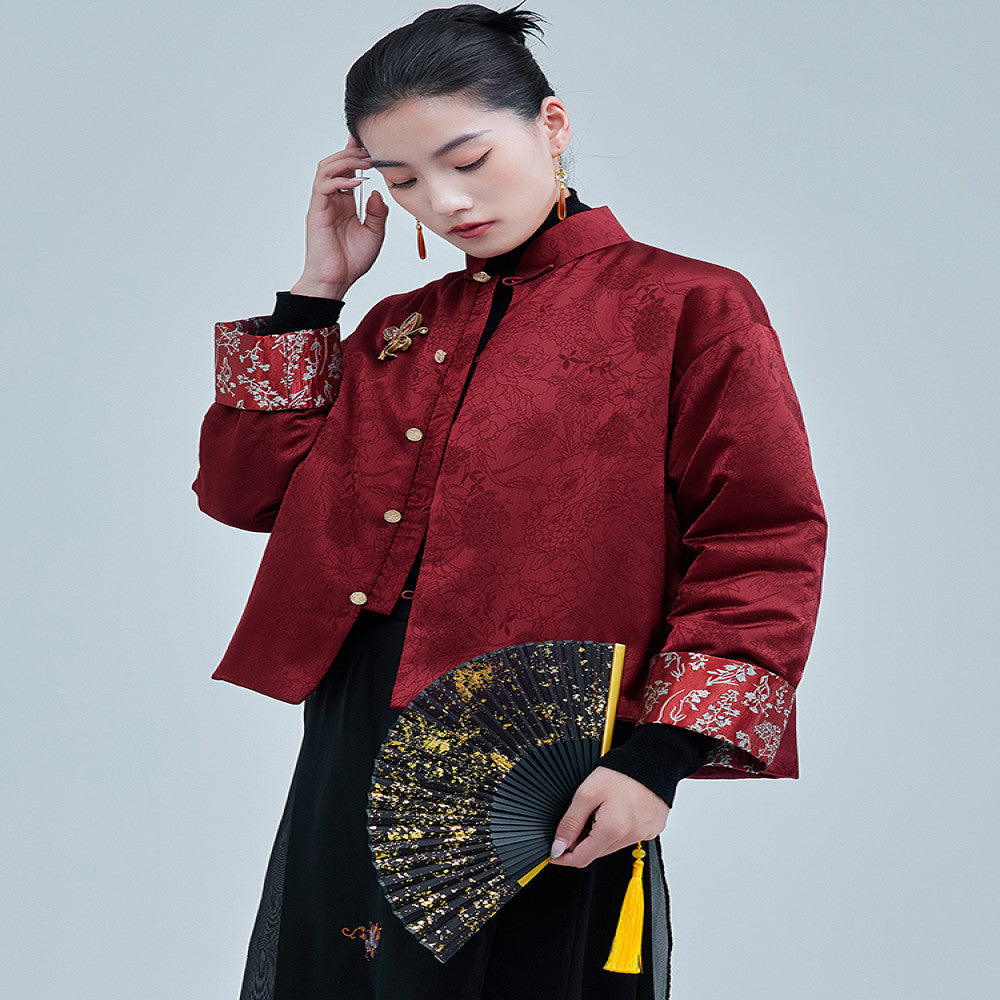 Moyu 2024 Autumn Winter New Chinese Style Retro Jacquard Segment Cotton Jacket New Chinese Red Tang Top Coat image 4