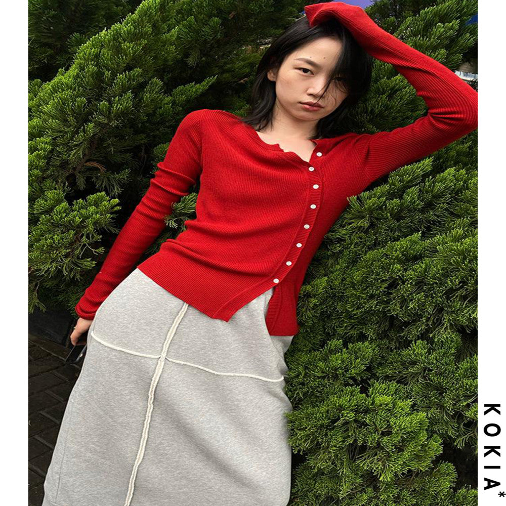 KOKIA Spot Word of Mouth Skin friendly Basulan wool slim fit base sweater with slanted placket and buttoned knit sweater image 2