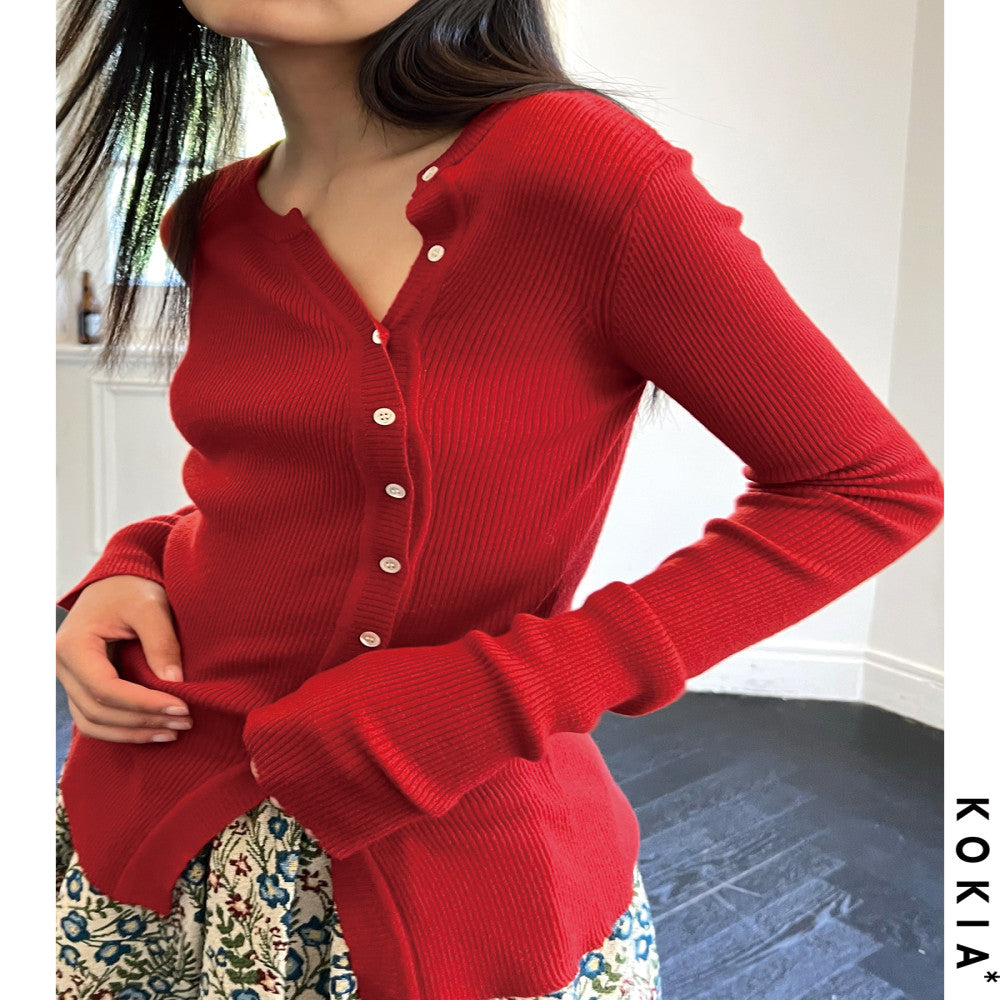 KOKIA Spot Word of Mouth Skin friendly Basulan wool slim fit base sweater with slanted placket and buttoned knit sweater image 4