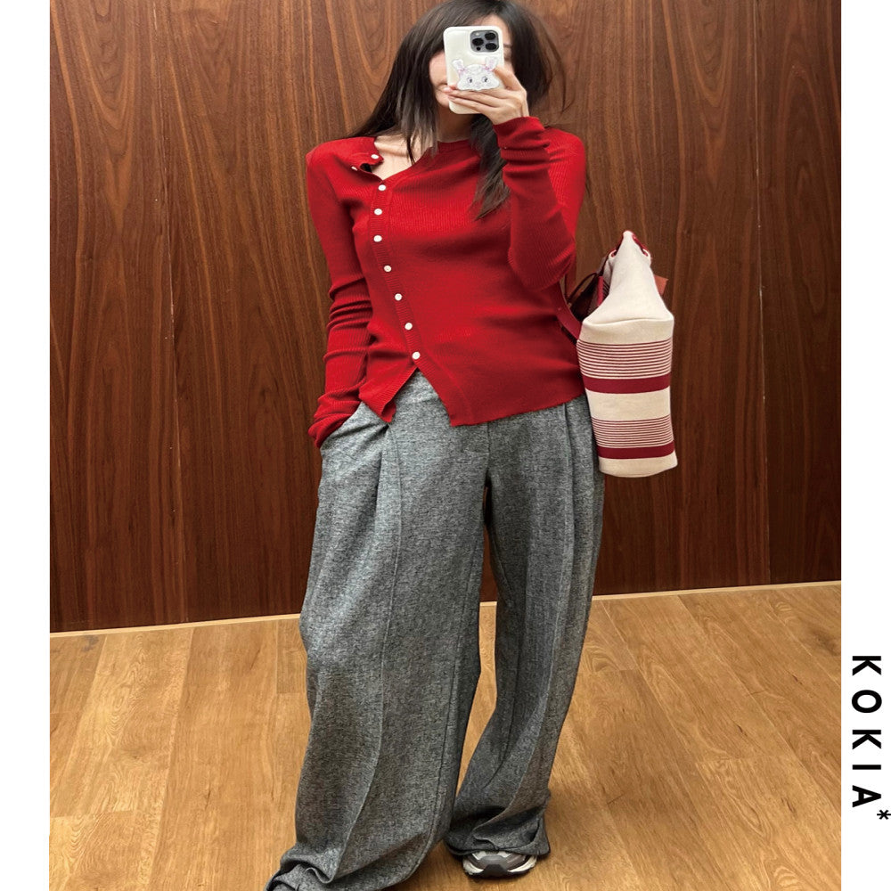 KOKIA Spot Word of Mouth Skin friendly Basulan wool slim fit base sweater with slanted placket and buttoned knit sweater image 5