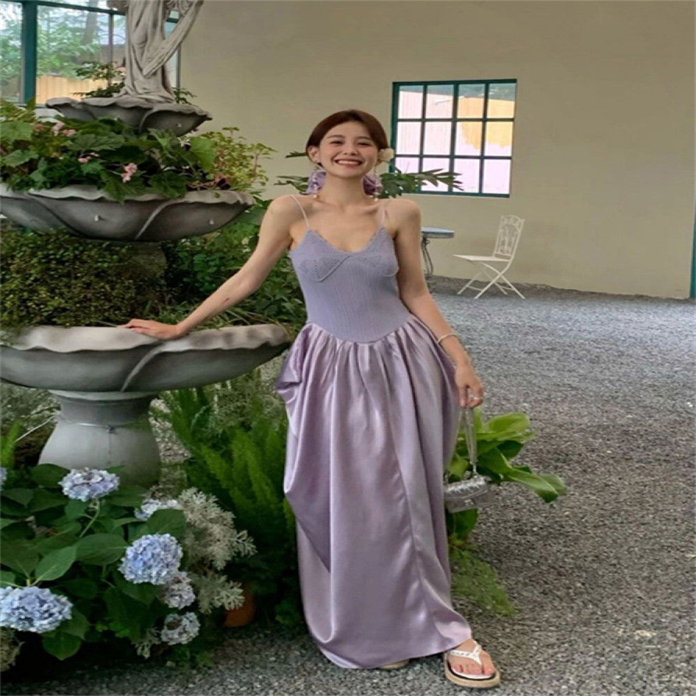 Birthday party dress high end light luxury niche party coming of age gift purple knitted patchwork suspender dress image 1