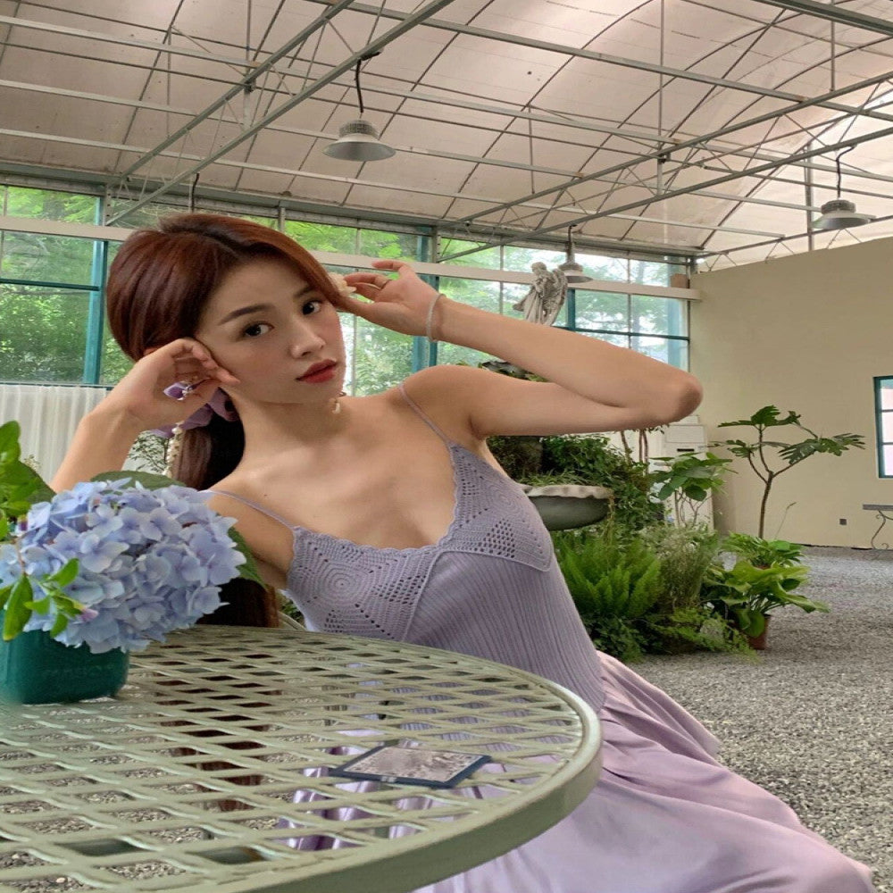 Birthday party dress high end light luxury niche party coming of age gift purple knitted patchwork suspender dress image 2