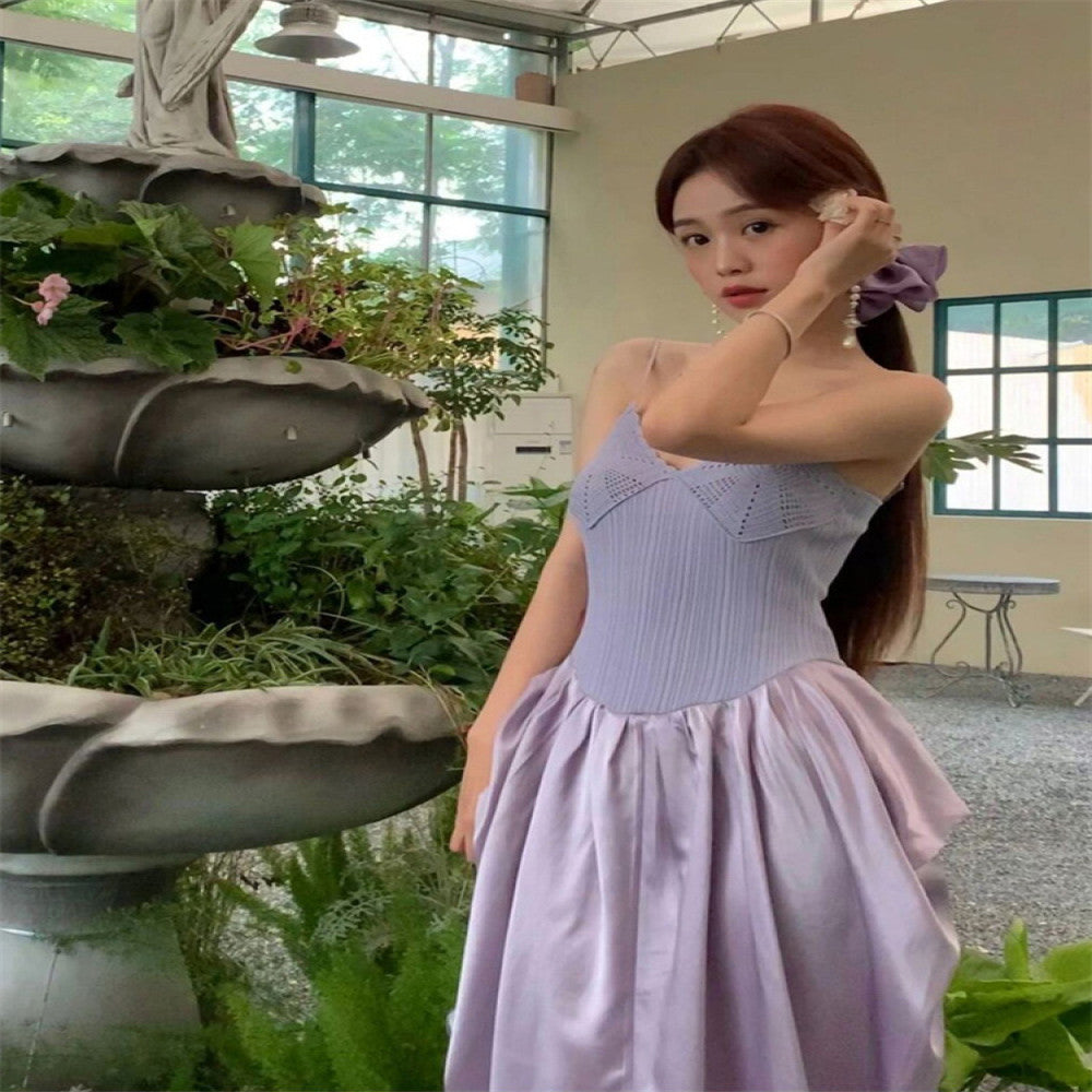 Birthday party dress high end light luxury niche party coming of age gift purple knitted patchwork suspender dress image 3