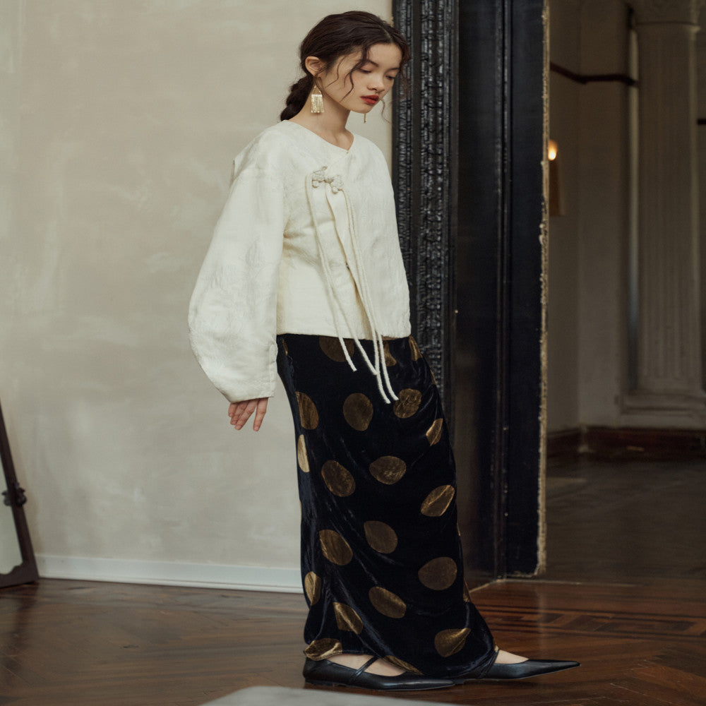 YUANYE Yuan Ye Yuan Yuan Yuan is full of original mulberry silk polka dot velvet new Chinese style shirt pleated half skirt set image 4