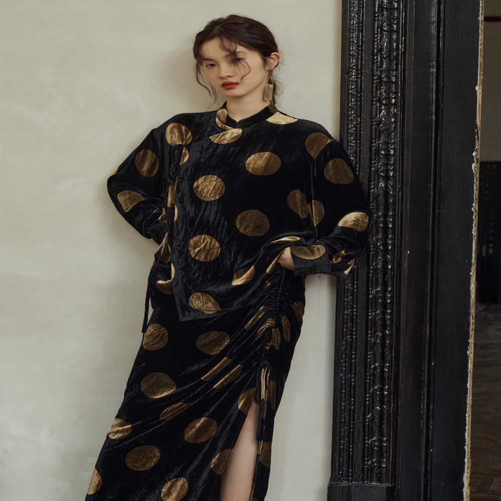 YUANYE Yuan Ye Yuan Yuan Yuan is full of original mulberry silk polka dot velvet new Chinese style shirt pleated half skirt set image 5