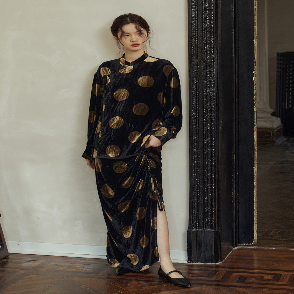 ASAYA2774 Yuanmanman’s original mulberry silk polka-dot velvet shirt