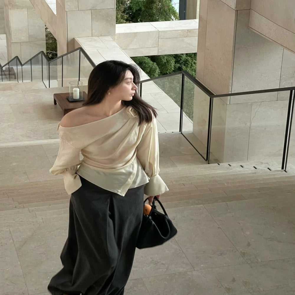 WINNI CELH Spring Summer Top Design Sense niche rose flower slanted shoulder off shoulder shirt long sleeved women s top image 2