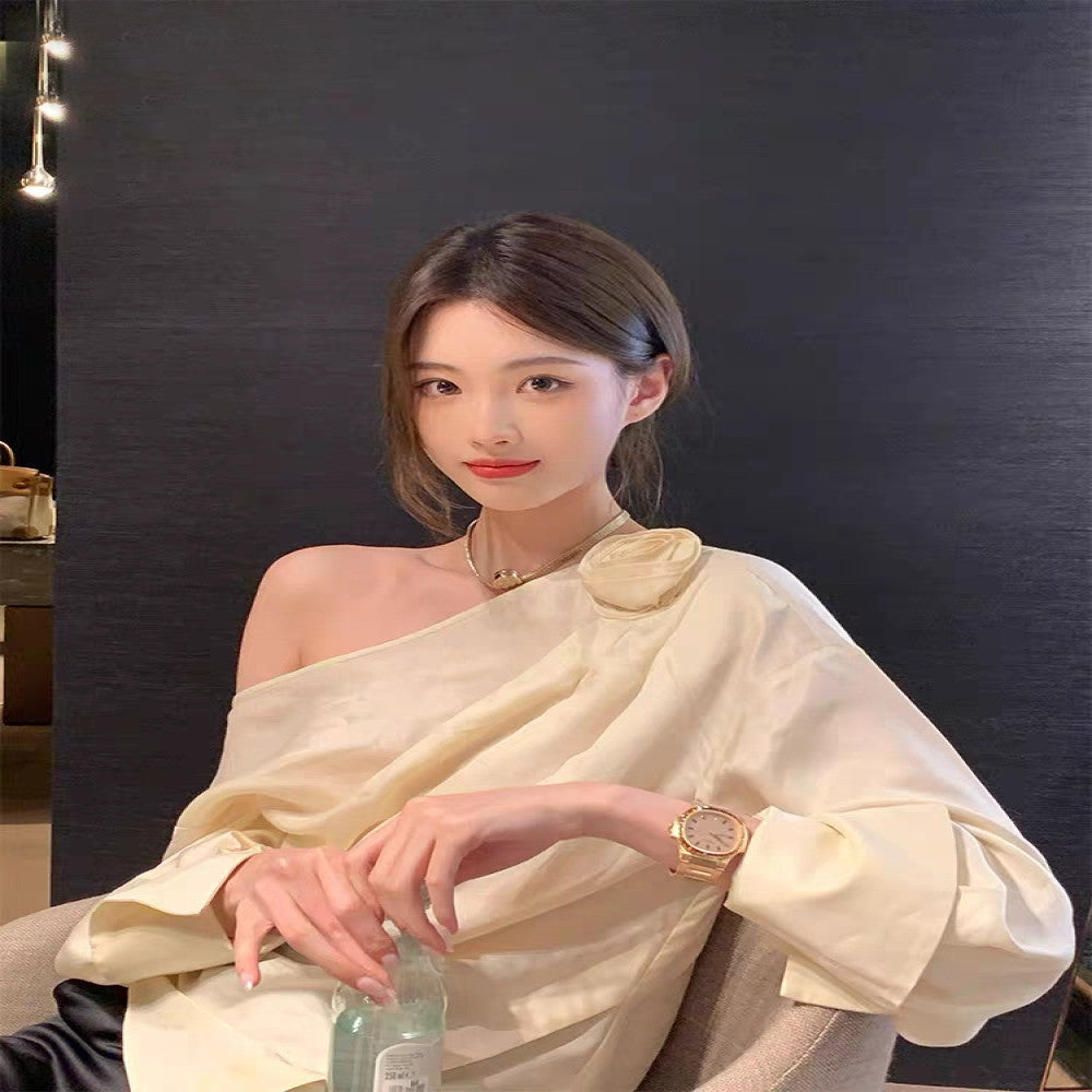 WINNI CELH Spring Summer Top Design Sense niche rose flower slanted shoulder off shoulder shirt long sleeved women s top image 3