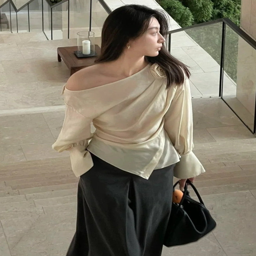 WINNI CELH Spring Summer Top Design Sense niche rose flower slanted shoulder off shoulder shirt long sleeved women s top image 8