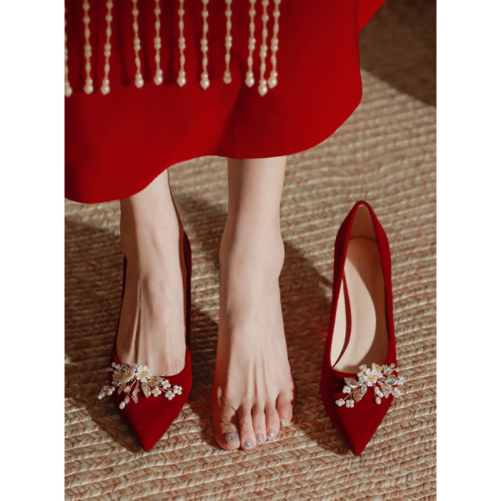 Red wedding shoes women s fashion show women s clothing two pairs of high heeled bridal shoes 2025 new pregnant women s thick heeled Chinese dress shoes image 102
