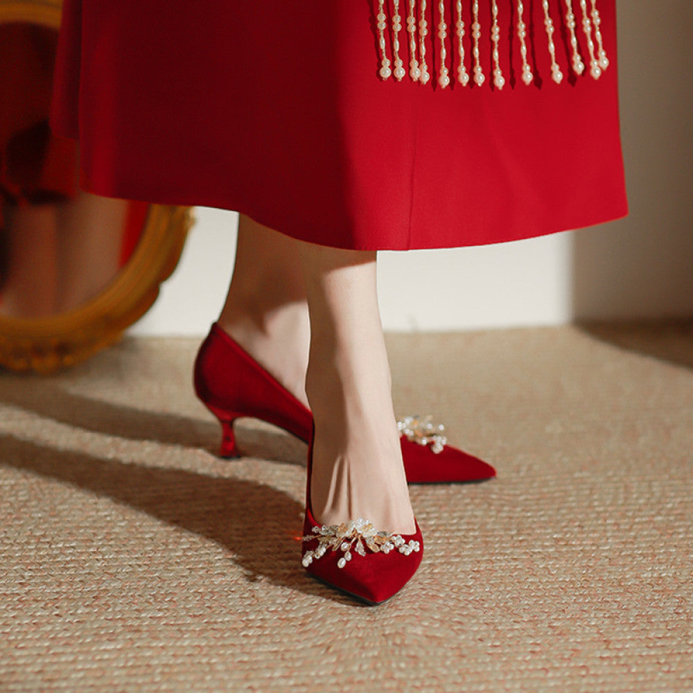 Red wedding shoes women s fashion show women s clothing two pairs of high heeled bridal shoes 2025 new pregnant women s thick heeled Chinese dress shoes image 104