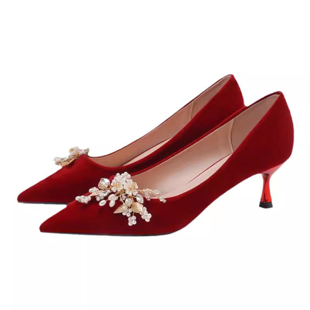 Red wedding shoes women s fashion show women s clothing two pairs of high heeled bridal shoes 2025 new pregnant women s thick heeled Chinese dress shoes image 106