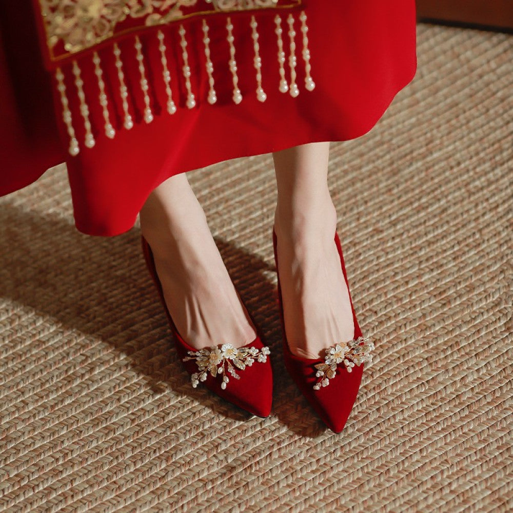 Red wedding shoes women s fashion show women s clothing two pairs of high heeled bridal shoes 2025 new pregnant women s thick heeled Chinese dress shoes image 12