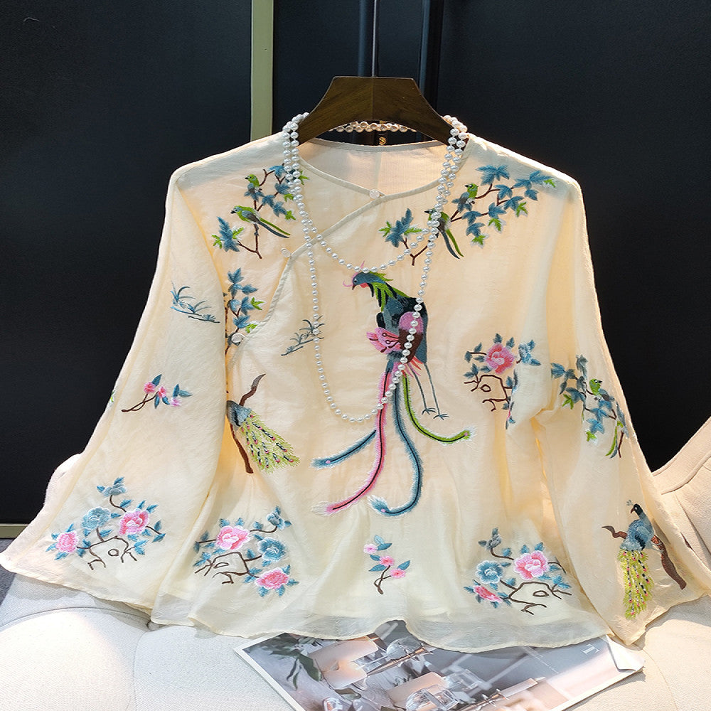 Retro New Chinese Round Neck Embroidered Shirt for Women s Summer 2025 New Fashionable Chinese Style Casual Versatile Top Trend image 0