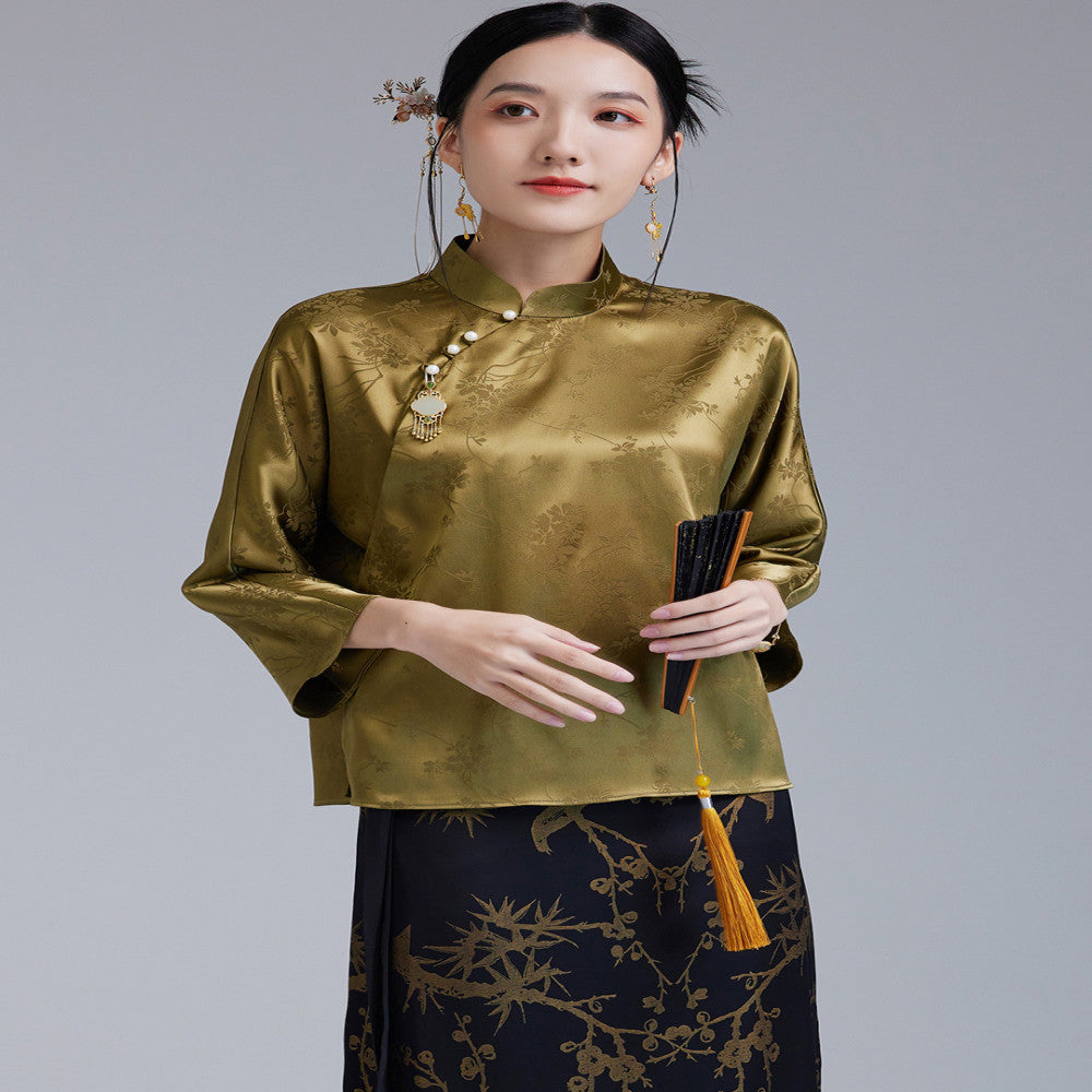Moyu 2024 Early Autumn New Chinese Style Retro Improved Jacquard Section Tang Costume Top Chinese Literary Tea Dress Shirt image 0