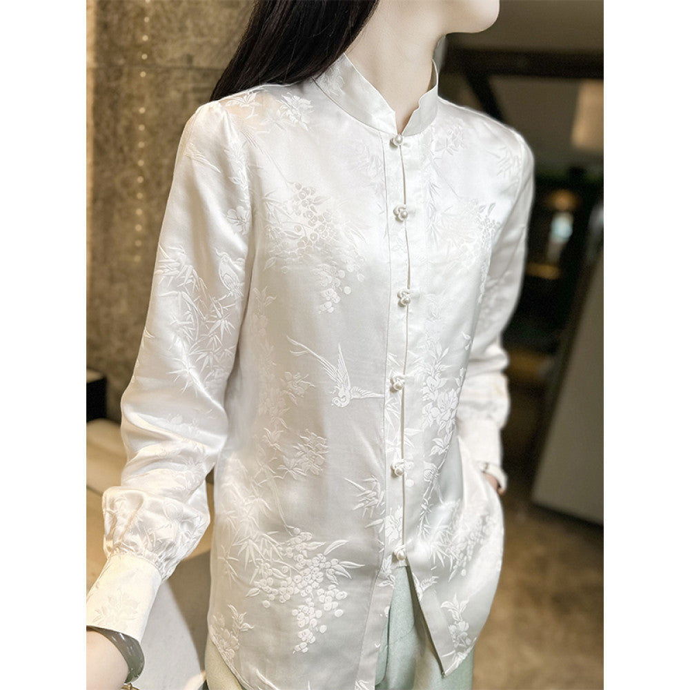 ASAYA2736 White New Chinese Style Mulberry Silk Top
