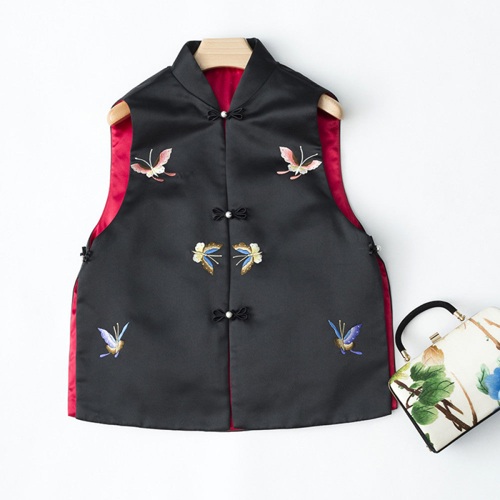 Elegant Classic Cheongsam Women s Retro Chinese Style New Chinese Short Style Butterfly Embroidery Stand up Collar Vest Cotton Coat image 70