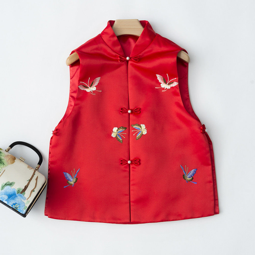 Elegant Classic Cheongsam Women s Retro Chinese Style New Chinese Short Style Butterfly Embroidery Stand up Collar Vest Cotton Coat image 90