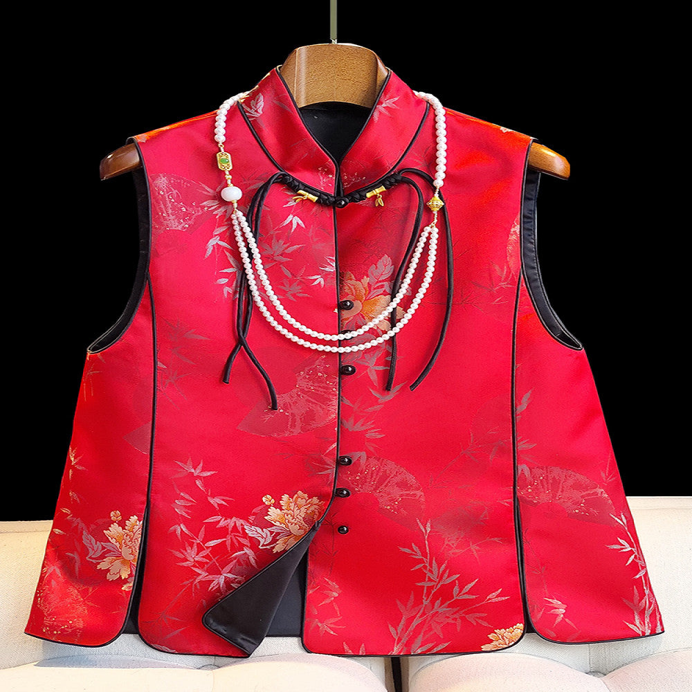 Red retro jacquard Chinese style vest women s original design New Year s clothing fashionable new Chinese style buckle top small jacket image 1