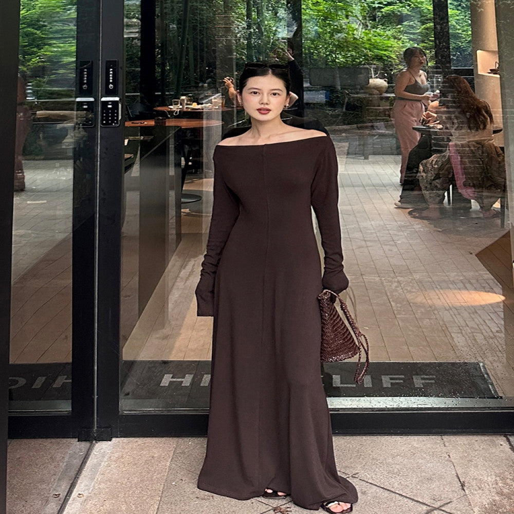 Cml elegant lazy parallel gentle temperament simple one shoulder knitted long dress slimming long skirt image 0