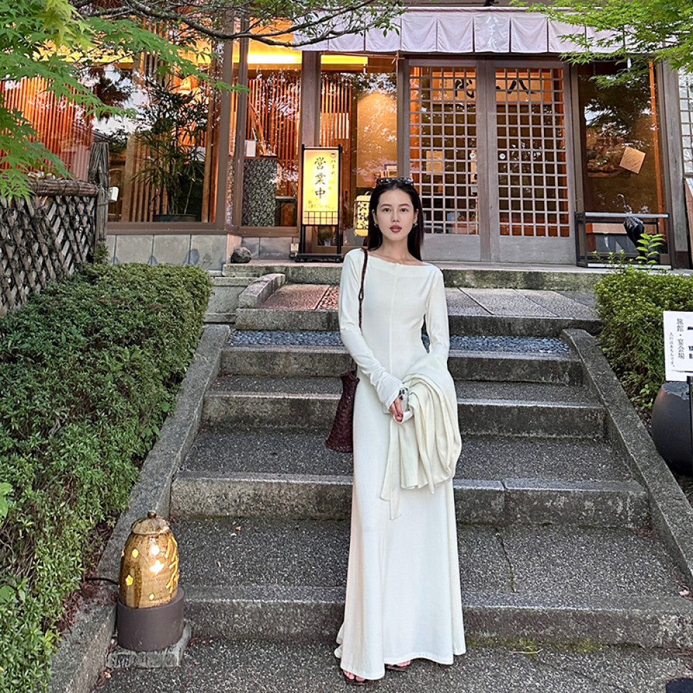 Cml elegant lazy parallel gentle temperament simple one shoulder knitted long dress slimming long skirt image 11