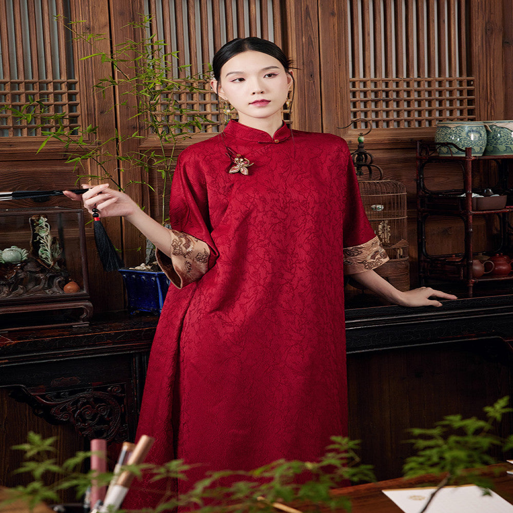 Moyu Jinghong Spring and summer new Chinese style improved embroidery retro red plus size qipao Chinese dress image 2