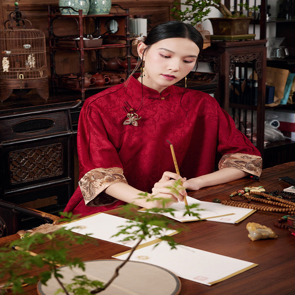 Moyu Jinghong Spring and summer new Chinese style improved embroidery retro red plus size qipao Chinese dress image 5